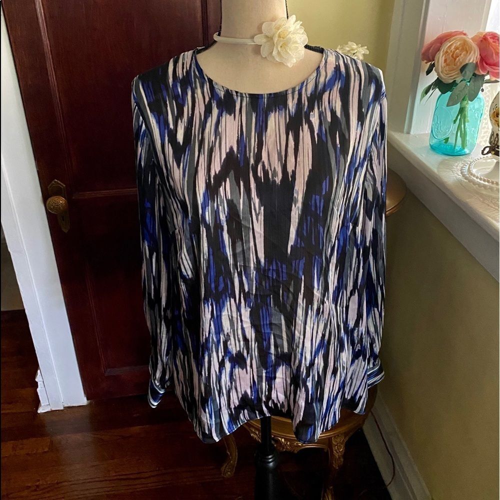 Vince Camuto Sz L Blue Black Watercolor Silky Back Zip Blouse